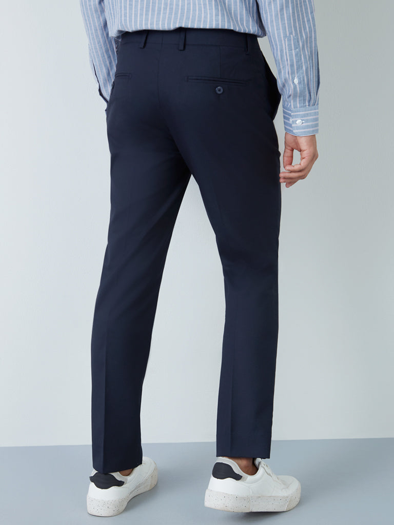 Westside WES Formals Men's Navy Slim-Fit Mid-Rise Trousers for Work Wear Back View