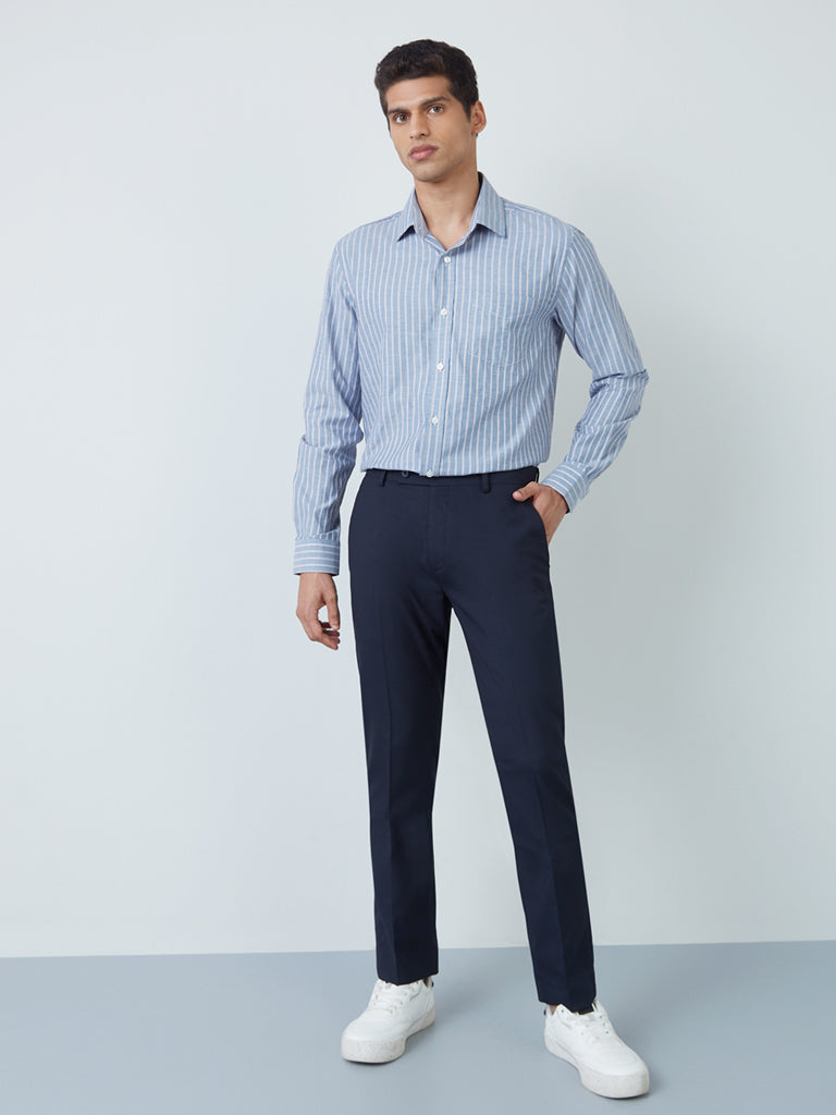 Westside WES Formals Men's Navy Slim-Fit Mid-Rise Trousers for Work Wear Full View