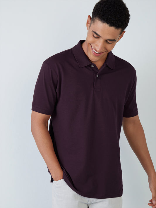 WES Casuals Plum Cotton Blend Slim-Fit Polo T-Shirt