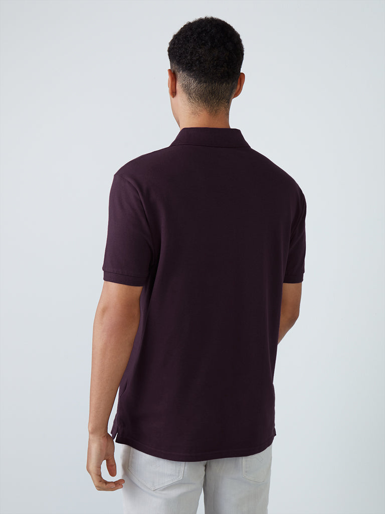 WES Casuals Plum Cotton Blend Slim-Fit Polo T-Shirt