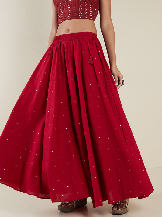 Utsa Red Mirror Detailed Long Cotton Skirt