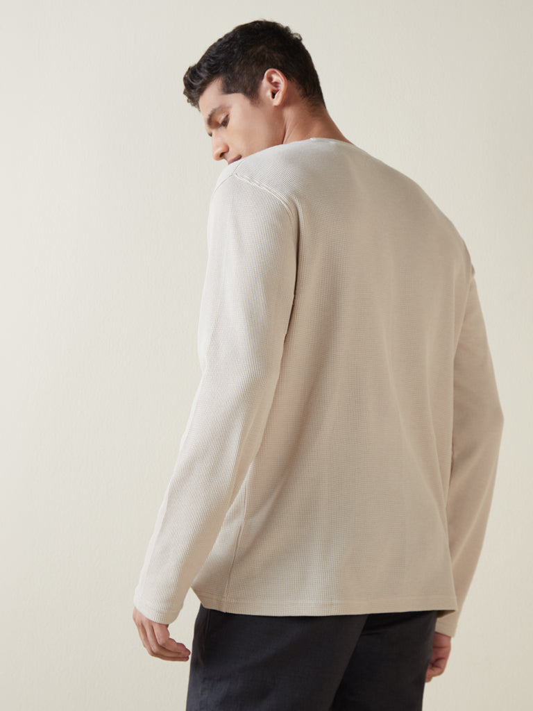 Westside ETA Men's Beige Self-Textured Cotton-Blend Slim-Fit T-Shirt for Casual Wear Back View