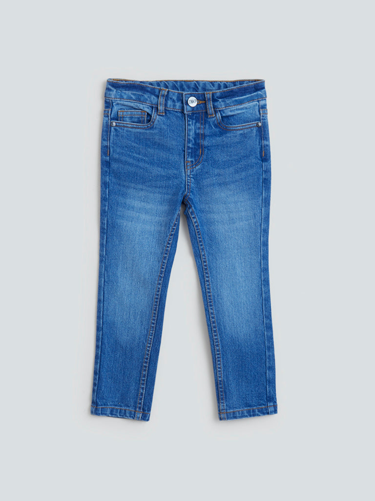 Buy HOP Kids Blue Whisker Design Slim Fit Mid- Rise Jeans from