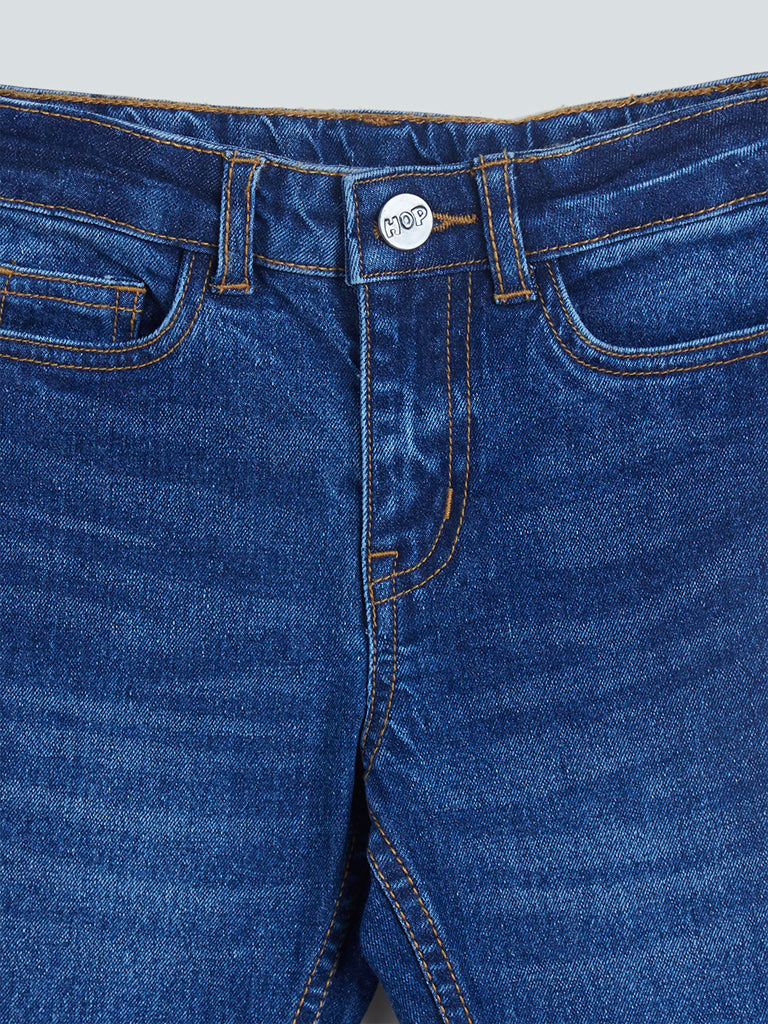HOP Kids Dark Blue Whisker Design Slim-Fit Mid- Rise Jeans