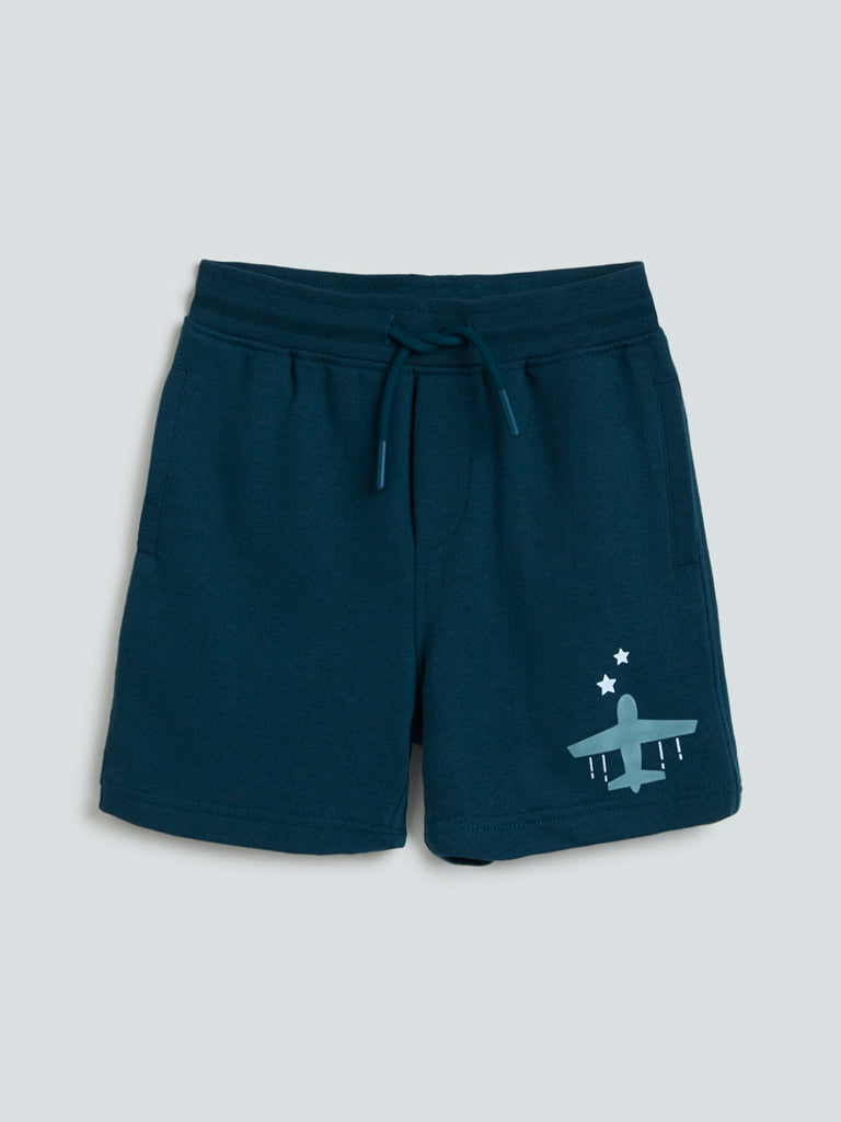 HOP Kids Teal Plane Pattern Cotton-Blend Shorts