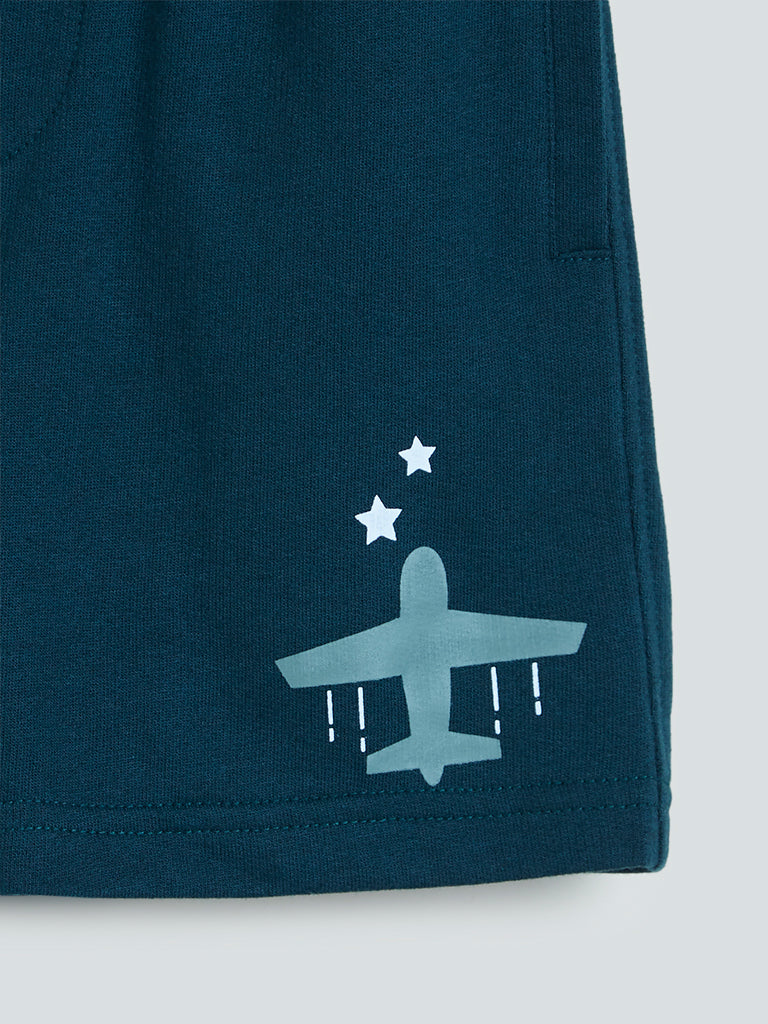 HOP Kids Teal Plane Pattern Cotton-Blend Shorts
