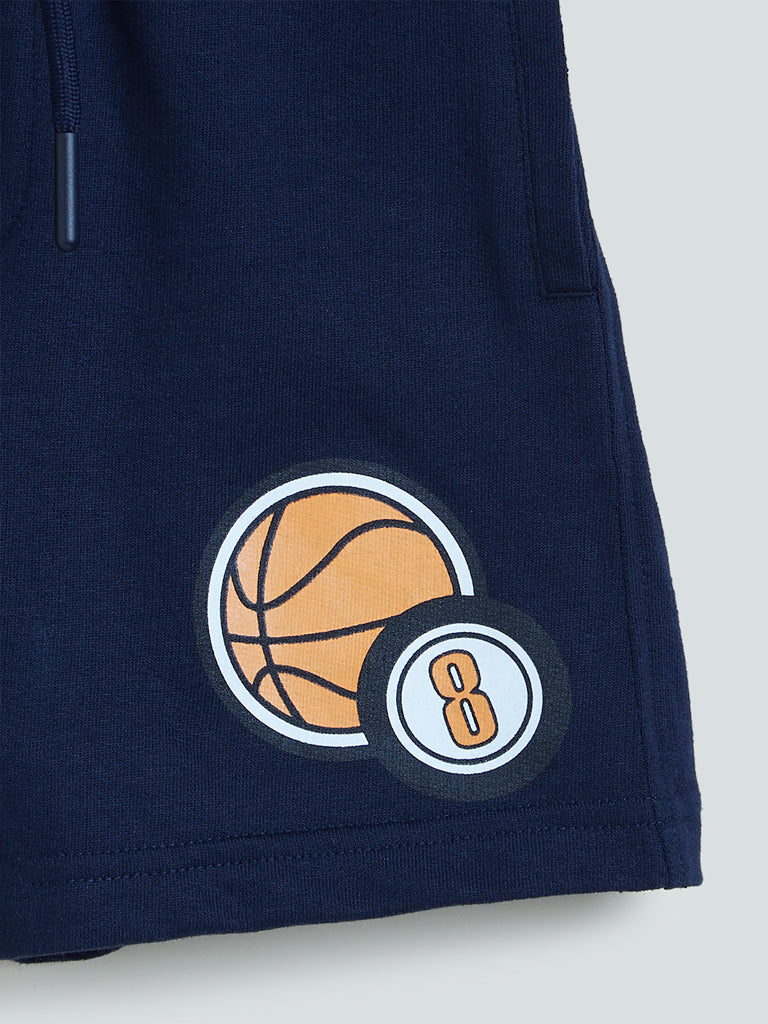 HOP Kids Navy Basketball Pattern Cotton-Blend Shorts