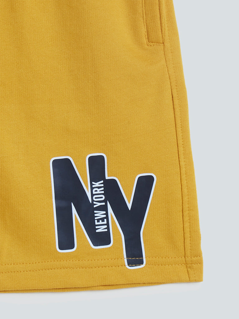 Y&F Kids Mustard Text Pattern Cotton-Blend Shorts