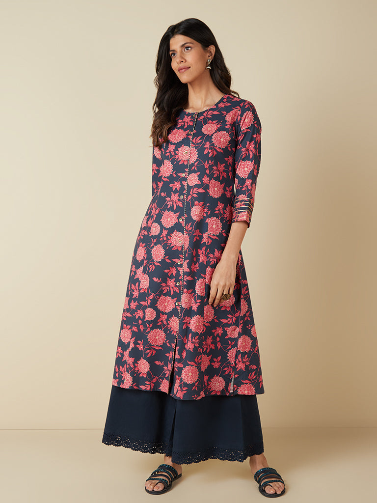 Utsa Indigo Crochet-Detailed Flared Palazzos
