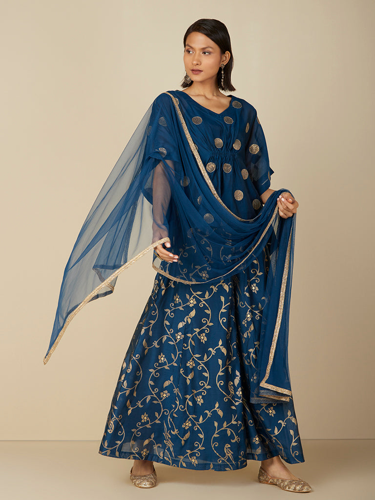 Vark Indigo Cotton Kaftan, Gharara & Dupatta Set