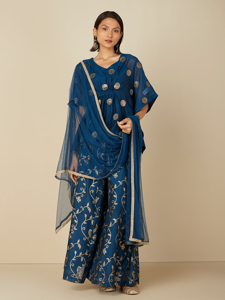 Vark Indigo Cotton Kaftan, Gharara & Dupatta Set