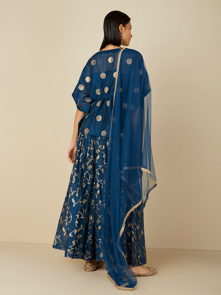 Vark Indigo Cotton Kaftan, Gharara & Dupatta Set