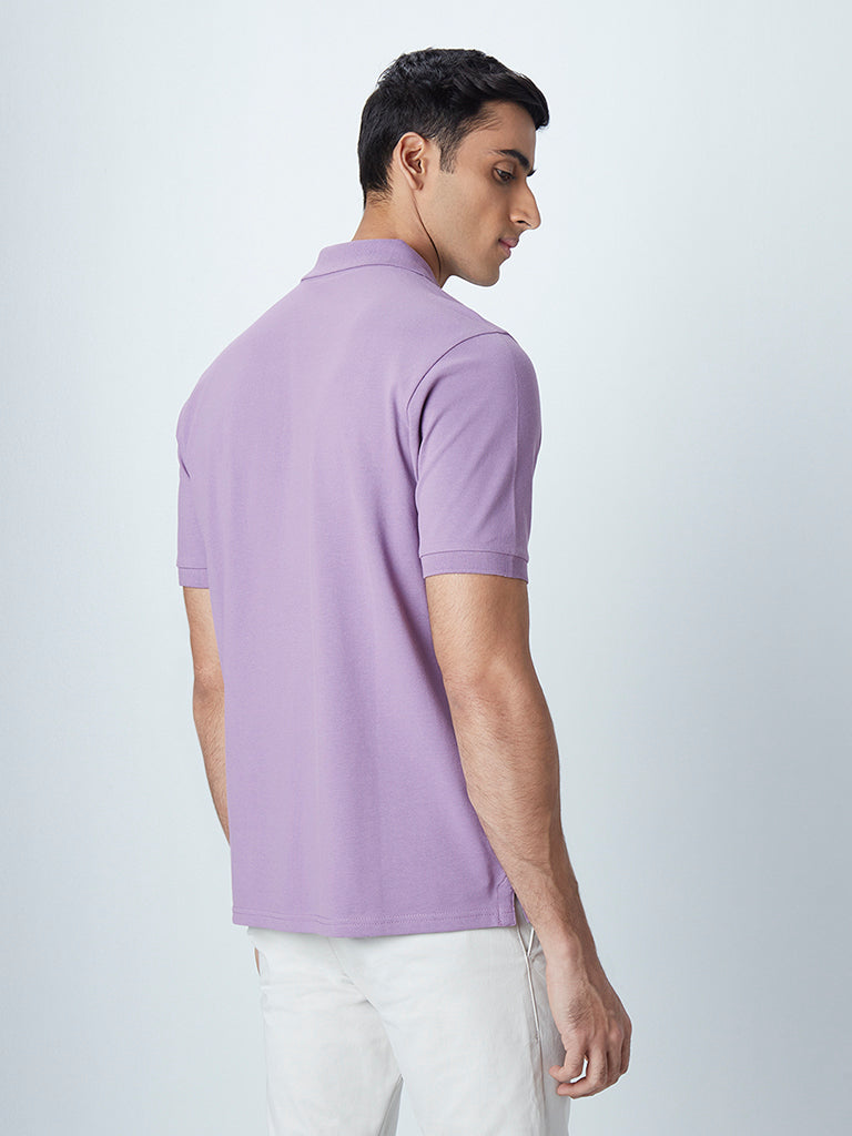 Westside WES Casuals Men's Lavender Cotton-Blend Relaxed-Fit Polo T-Shirt for Casual Wear Back View