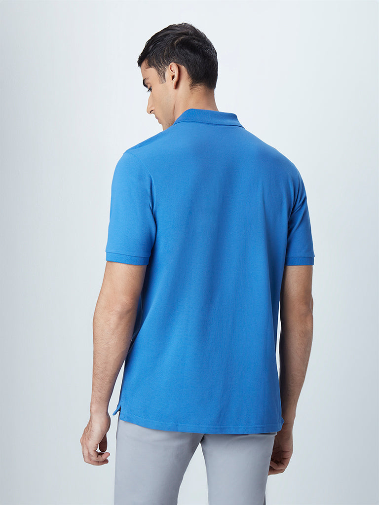 WES Casuals Blue Cotton Blend Slim-Fit Polo T-Shirt