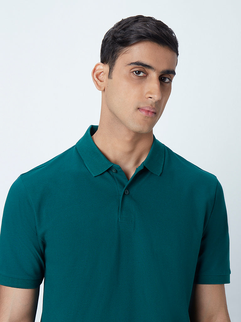 WES Casuals Teal Cotton Blend Slim-Fit Polo T-Shirt