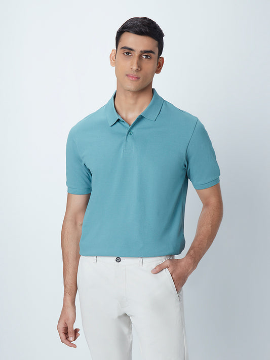 WES Casuals Light Teal Cotton Blend Slim-Fit Polo T-Shirt