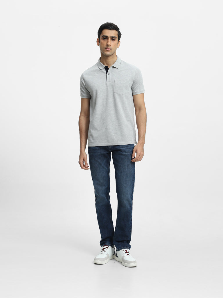 WES Casuals Grey Melange Cotton Blend Slim Fit Polo T-Shirt
