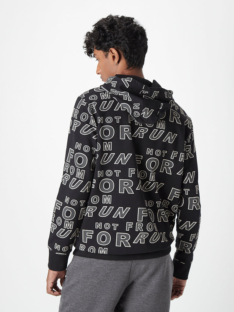 Westside Studiofit Men's Black Text-Printed Cotton Hooded Sweatshirt for Sports Wear Back View