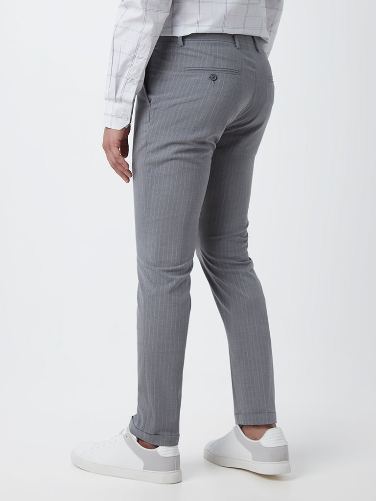 Westside WES Formals Men's Grey Striped Slim-Fit Mid-Rise Trousers for Work Wear Back View