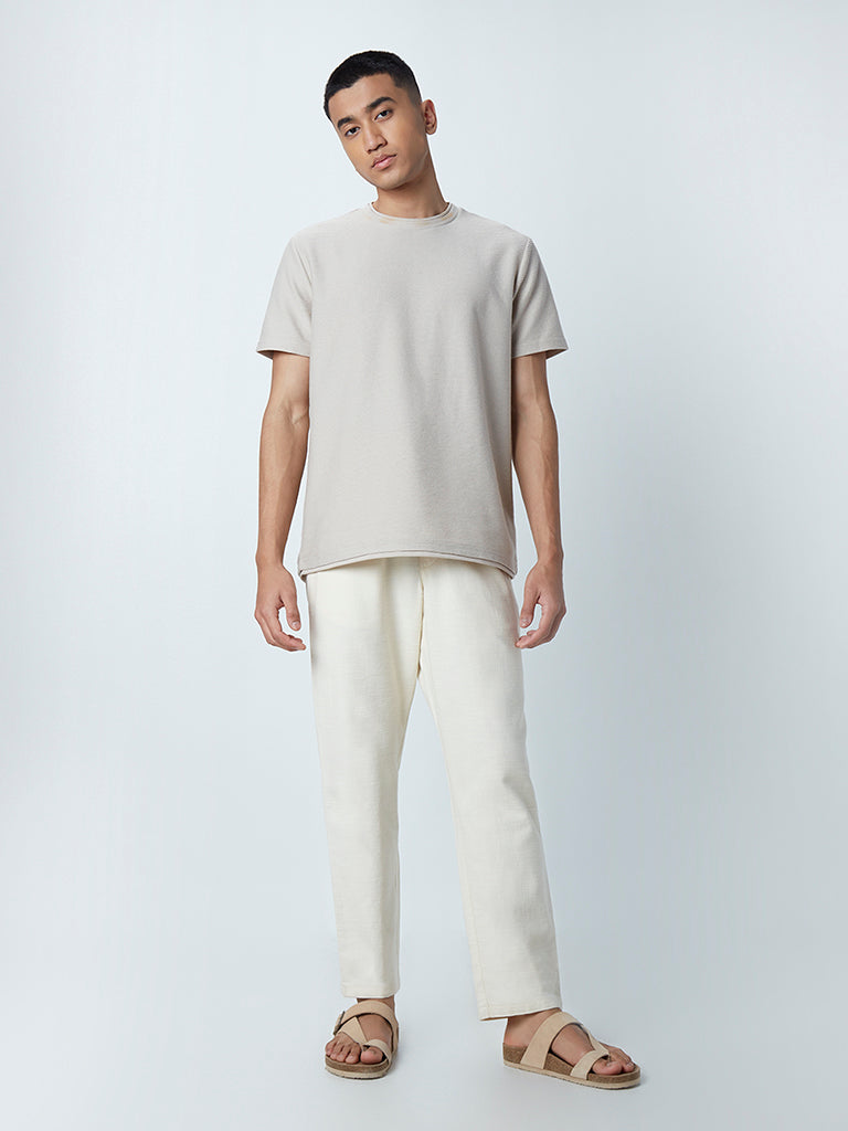 Westside ETA Men's Ecru Cotton Slim-Fit Mid-Rise Chinos for Casual Wear Full View