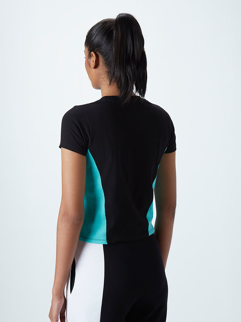 Westside Studiofit Women's Black Typographic Design Cotton-Blend Crop T-Shirt for Sports Wear Back View