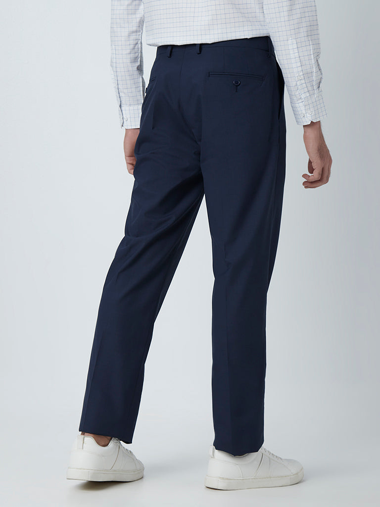 Westside WES Formals Men's Navy Checkered Relaxed-Fit Mid-Rise Trousers for Work Wear Back View