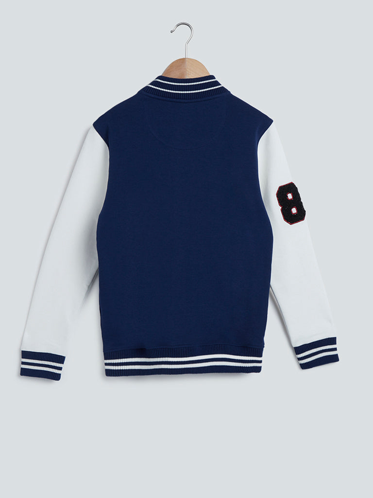 Y&F Kids Navy Printed Cotton-Blend Varsity Jacket