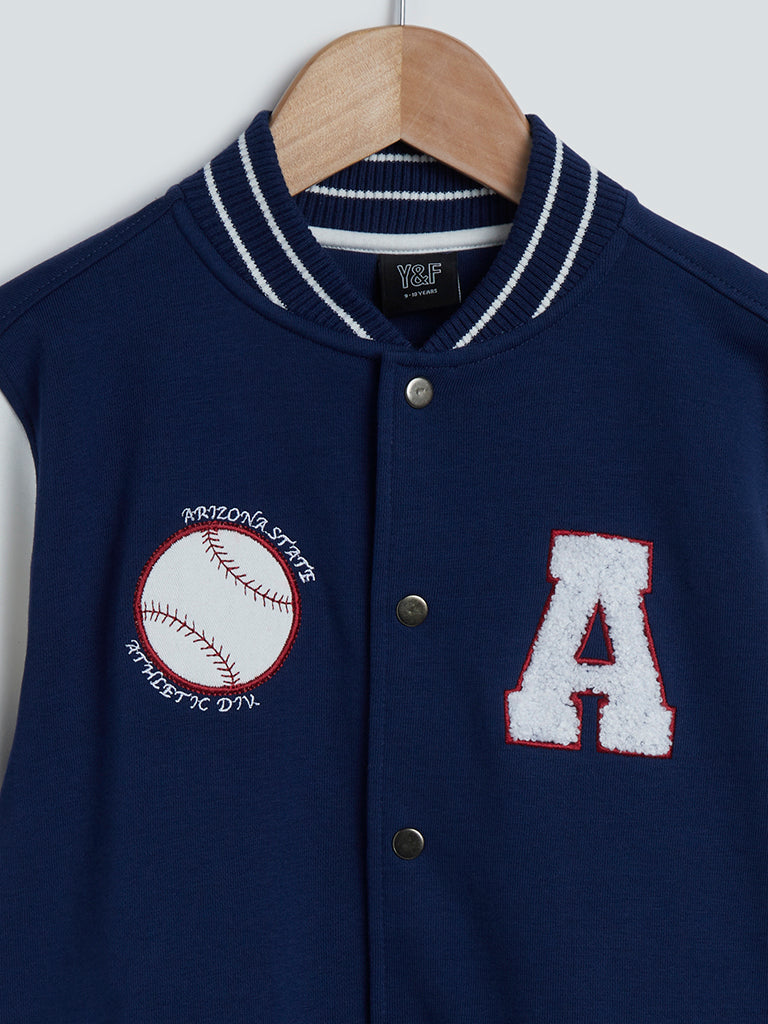 Y&F Kids Navy Printed Cotton-Blend Varsity Jacket
