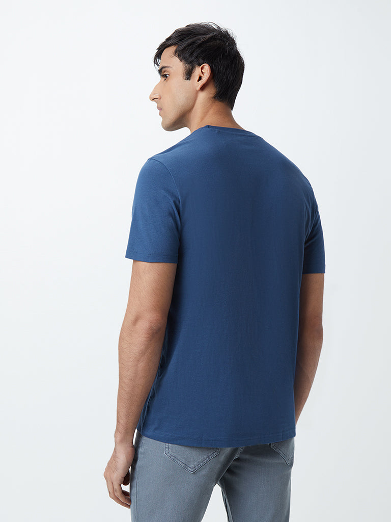 Westside WES Casuals Men's Blue Eco-Save Cotton Slim-Fit T-Shirt for Casual Wear Back View