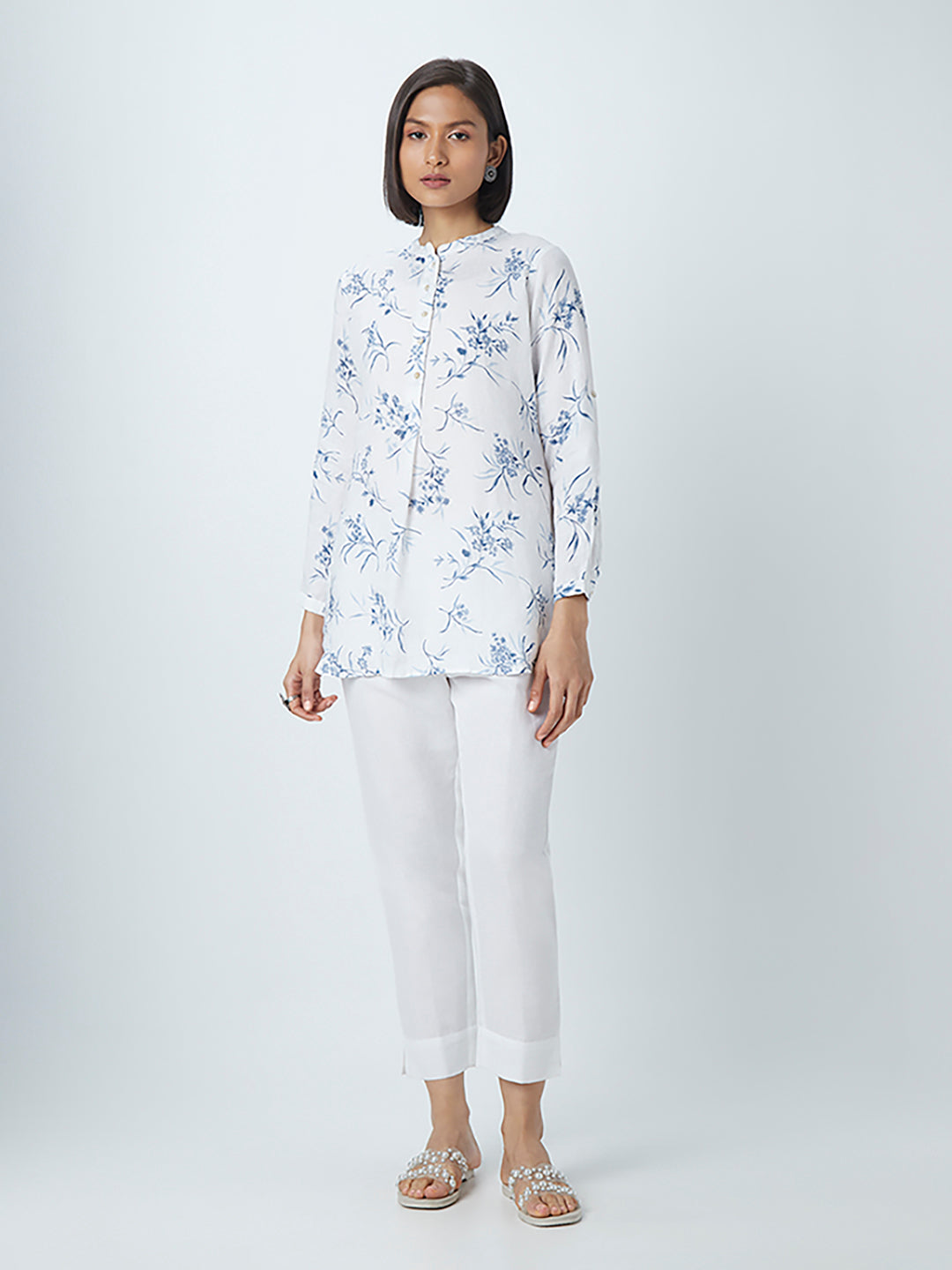 Zuba White Ethnic Linen-Blend Pants