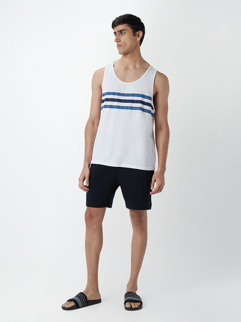 WES Lounge Navy Self-Textured Cotton-Blend Relaxed-Fit Shorts