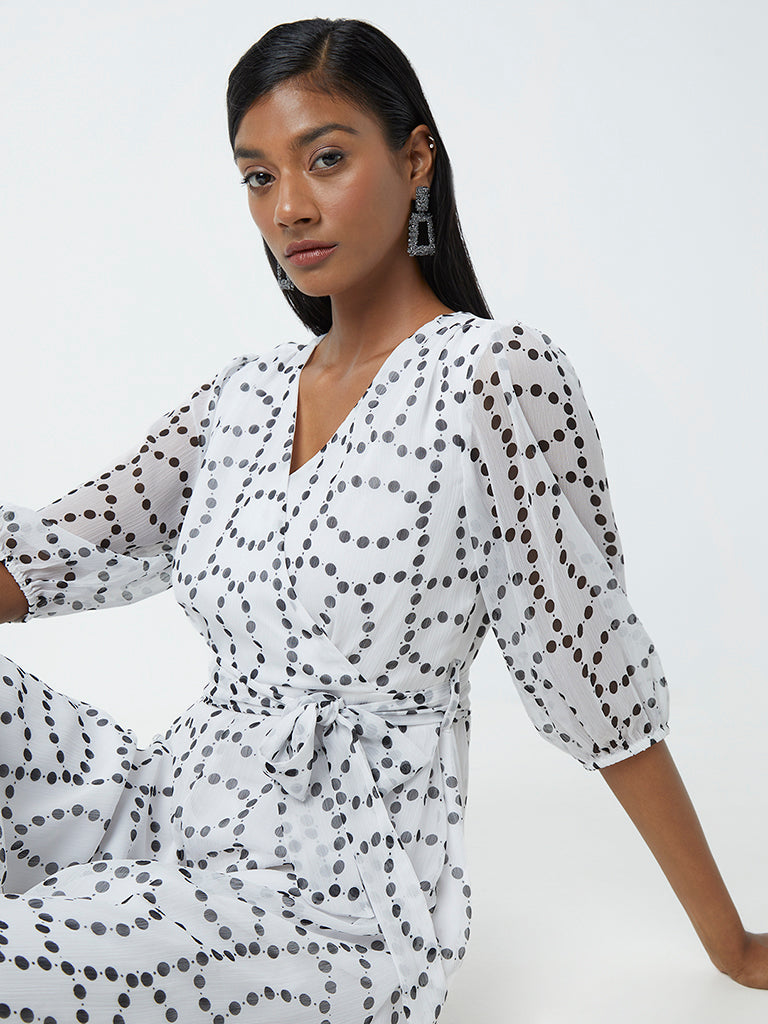 Wardrobe White Printed Wrap Dress With Belt