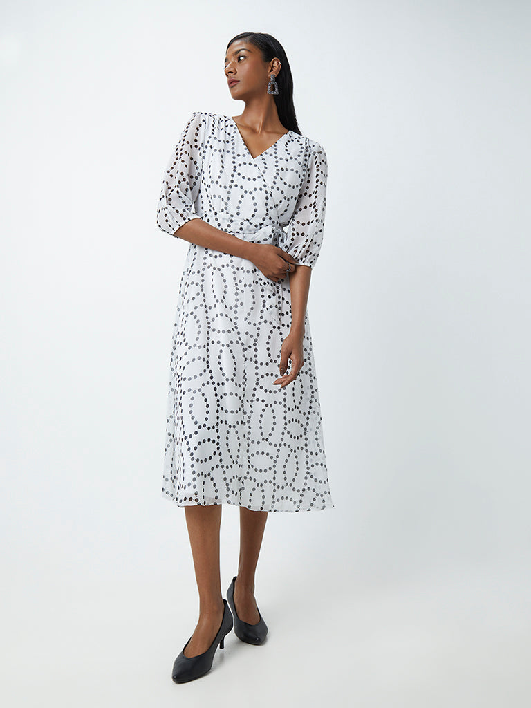 Wardrobe White Printed Wrap Dress With Belt
