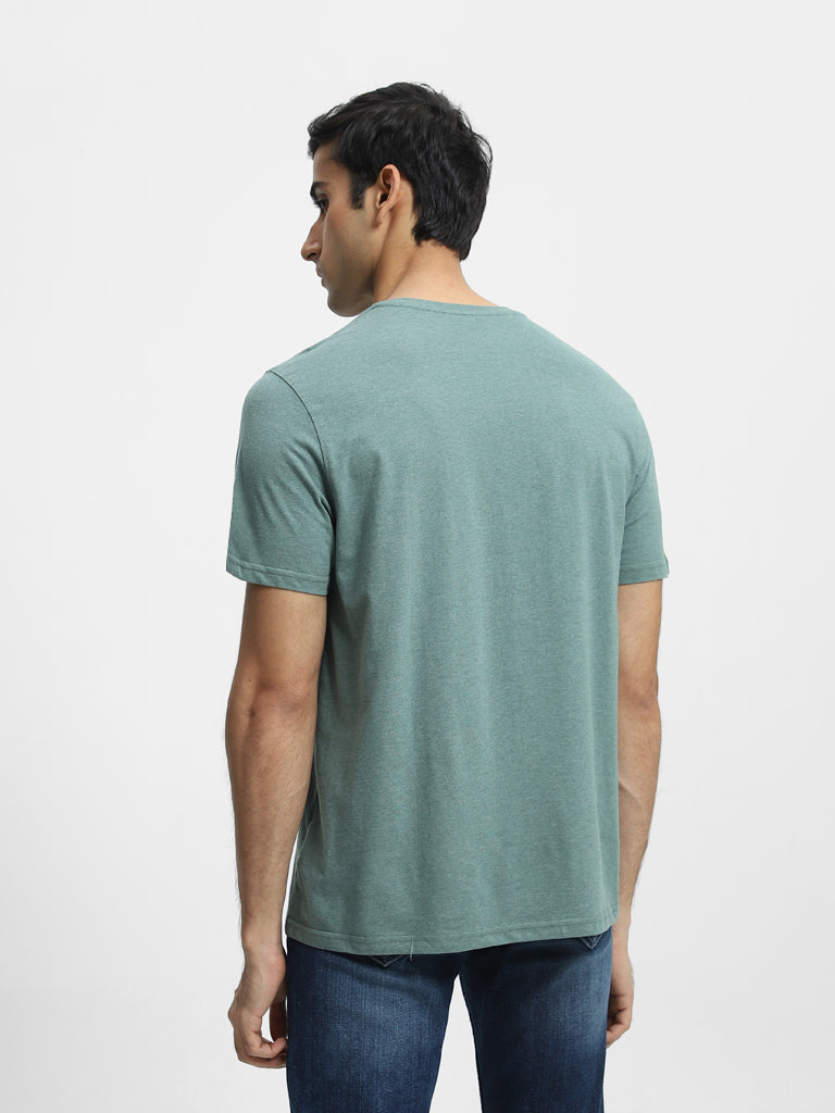 Westside WES Casuals Men's Sage Melange Cotton Slim-Fit T-Shirt for Casual Wear Back View