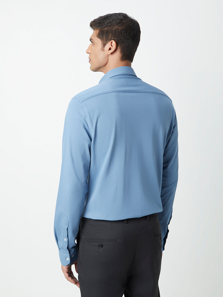 Westside WES Formals Men's Blue Self-Patterned Cotton-Blend Slim-Fit Shirt for Work Wear Back View