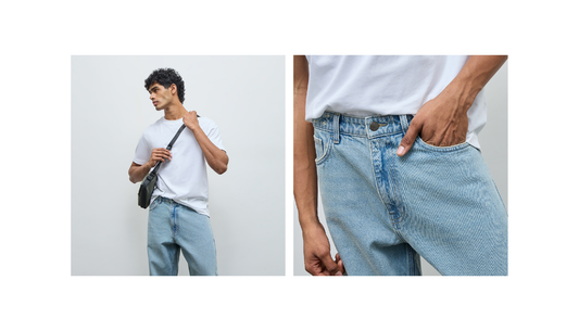 Men wearing straight-leg and relaxed denim jeans styled with jackets and sneakers for modern casual fashion.