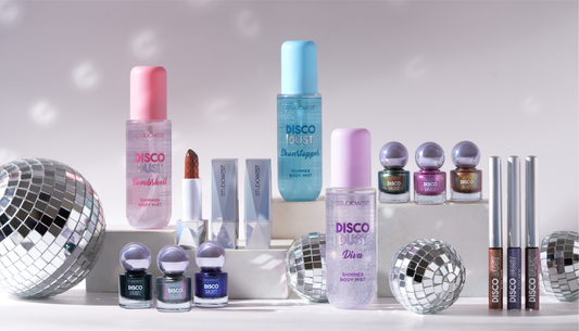 Model wearing Disco Dust makeup with a radiant party glow