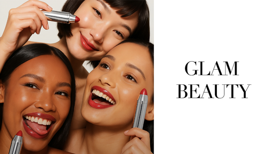 Glam makeup look with bold lips, glitter eyes and glowing highlighter