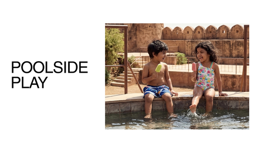 Kids enjoying summer in bright playful swimwear by the pool and beach