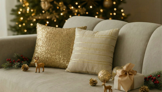 Festive party-ready living room styled with décor, cushions and warm lighting