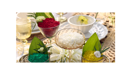 Festive Holi party glassware setup with wine glasses, tumblers and pitchers by Westside