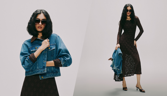 Model wearing denim jeans styled with a bright top and colourful accessories from Westside’s AW’25 collection