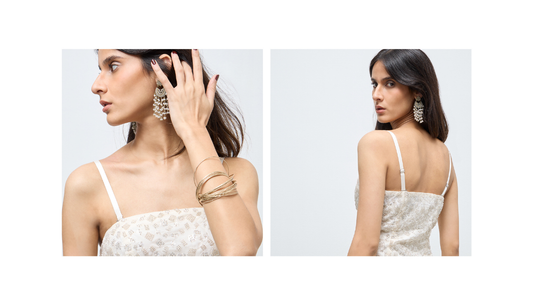 Models wearing budget-friendly wedding function outfits with festive silhouettes and statement details