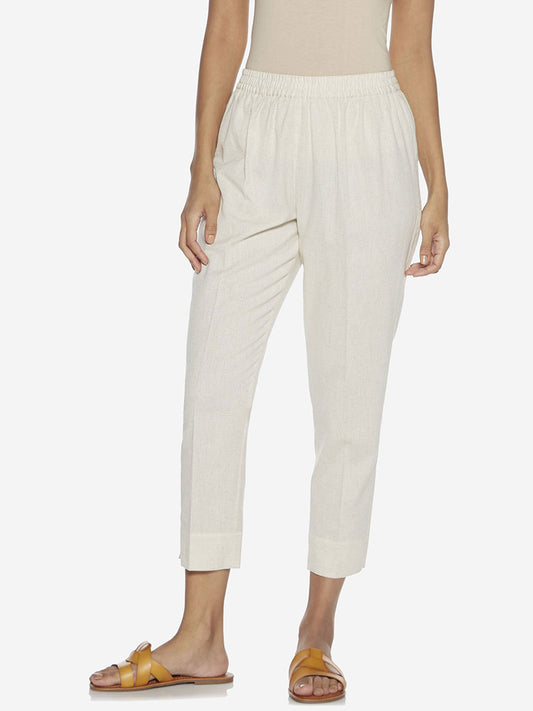 Utsa Off-White Solid Cotton Ethnic Pants 