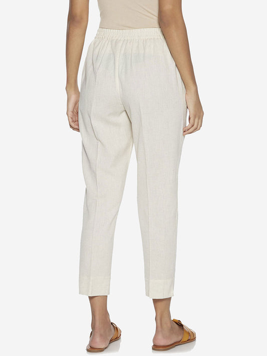 Utsa Off-White Solid Cotton Ethnic Pants 