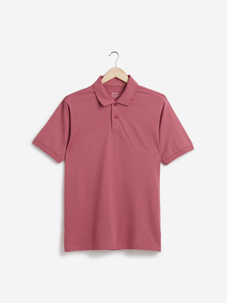 WES Casuals Mauve Cotton Blend Relaxed-Fit Polo T-Shirt