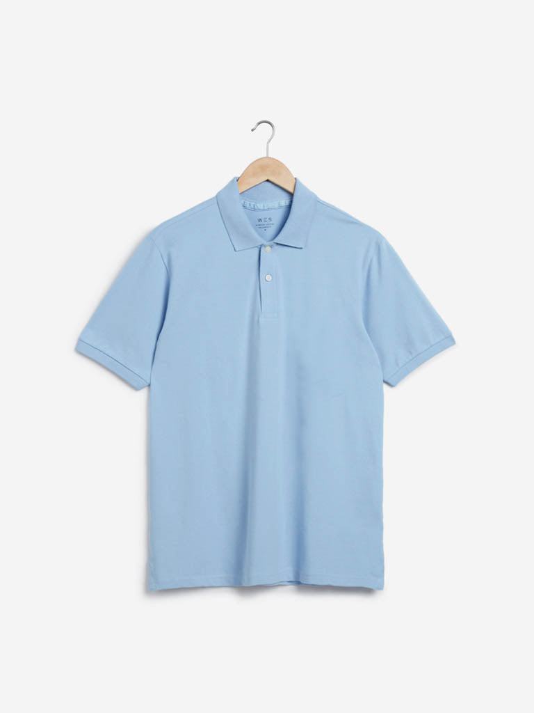 WES Casuals Light Blue Cotton Blend Relaxed-Fit Polo T-Shirt