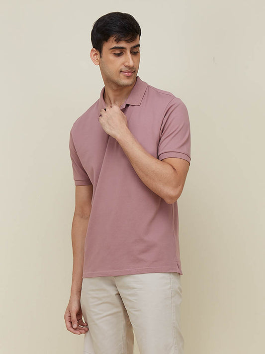 WES Casuals Dull Pink Cotton Blend Relaxed Fit Polo T-Shirt