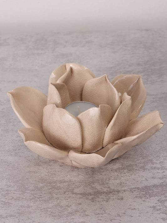 Westside Home Beige Ceramic Lotus Tea-Light Candle Holder