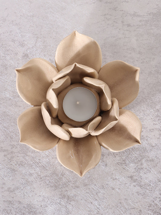 Westside Home Beige Ceramic Lotus Tea-Light Candle Holder